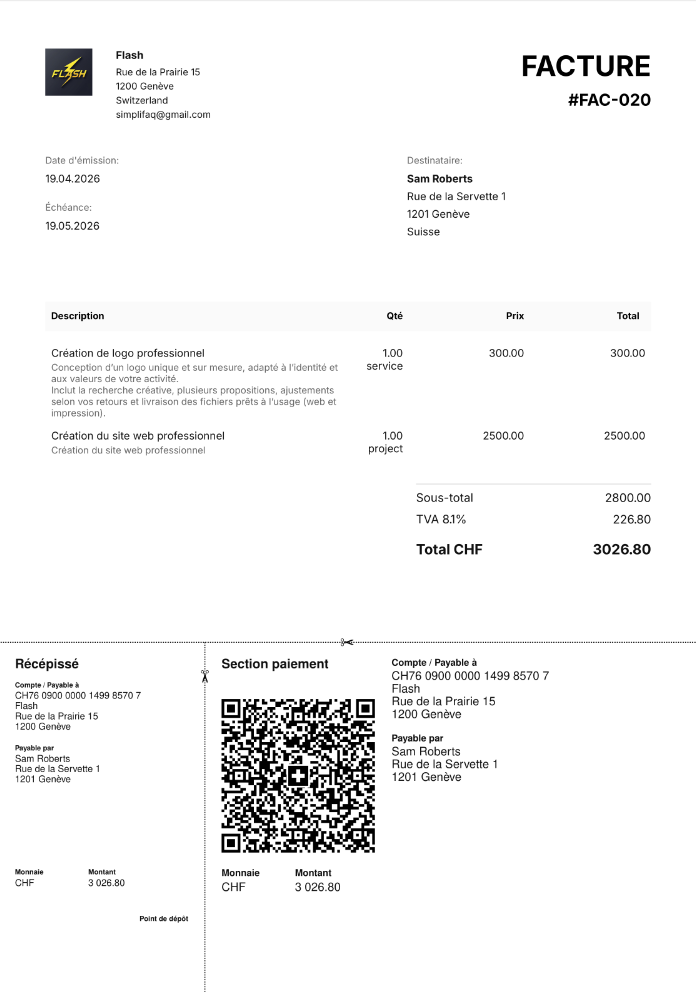 Facture style classique pro avec QR-Bill